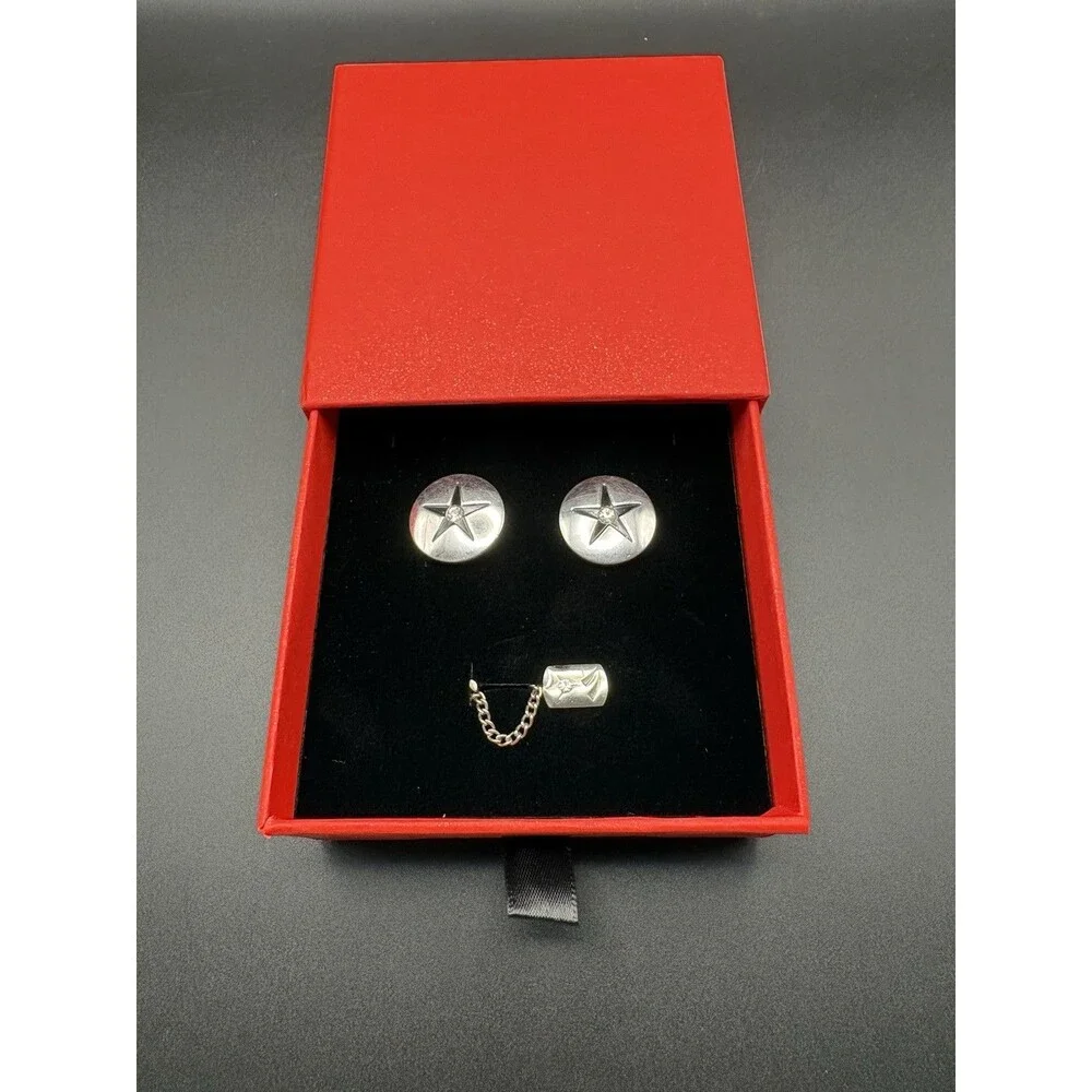 Vintage Texas Star Cufflinks Diamond Accent Tie Tack Set Silver Tone Western